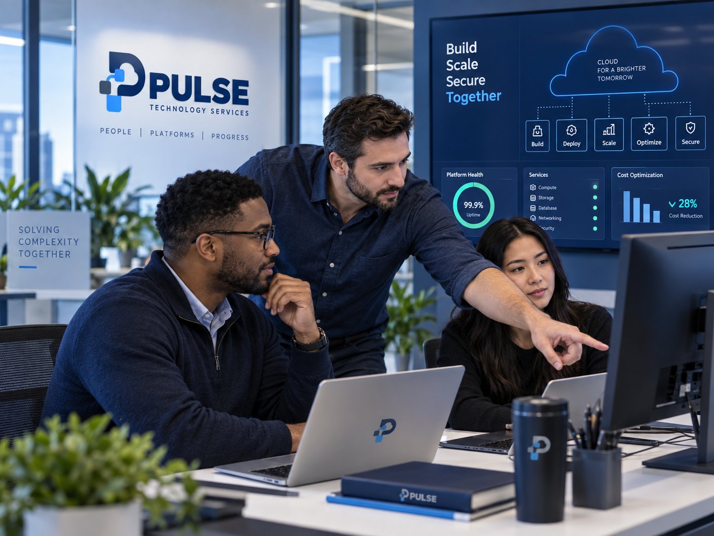 Cloud engineering professionals collaborating in a Pulse Technology Services workspace